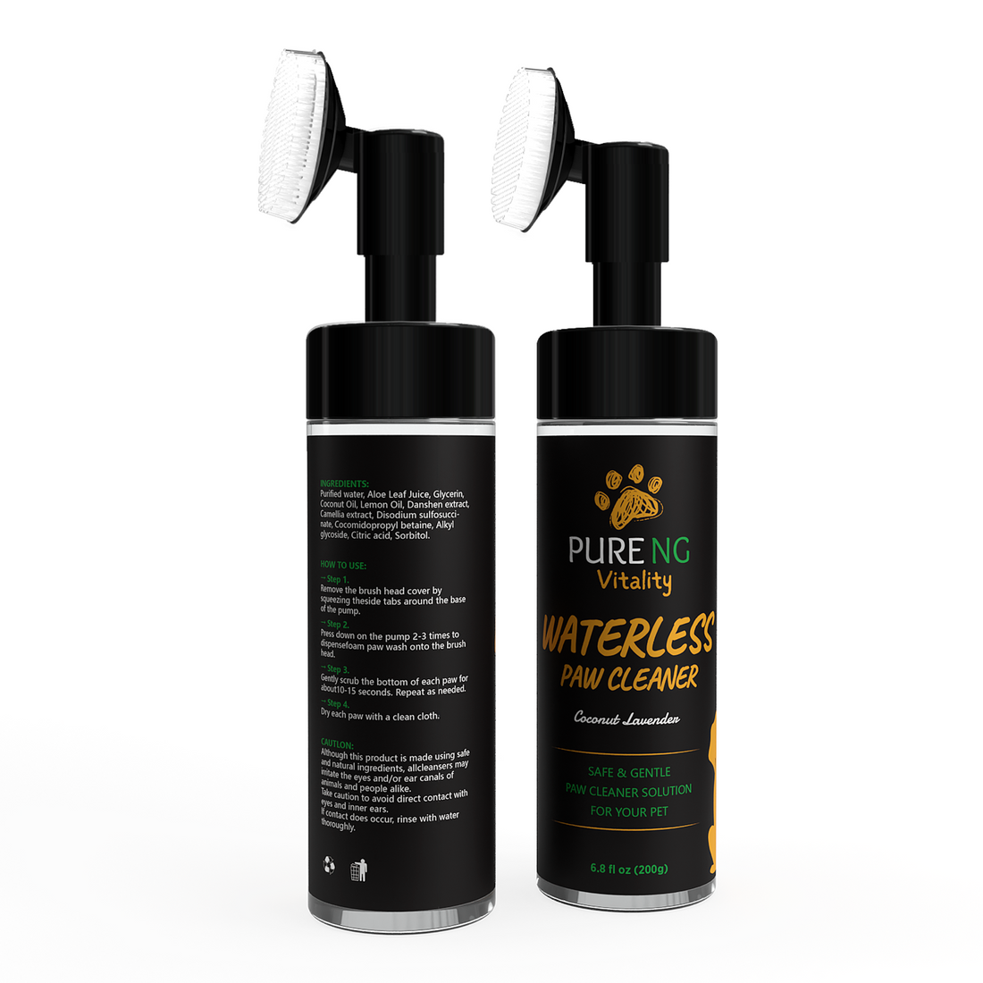 Pure Ng Vitality Coconut-Lavender,pH-balanced  No-Rinse Foaming Cleanser, leaves your furries paw clean, safe to use. For convenience, a silicone bristles brush is included with this 6.8 fl oz bottle